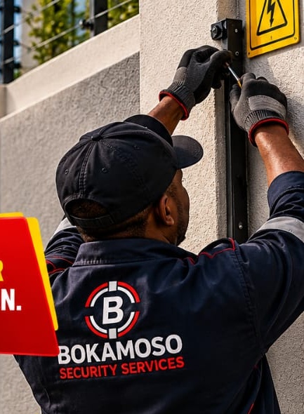 Bokamoso technician installing an electric fence on a residential wall