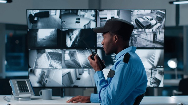 Security officer in a control room radioing a colleague